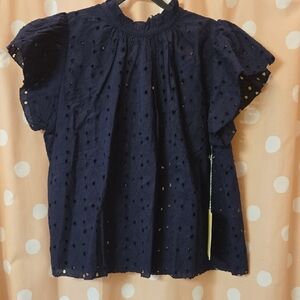 Trovata Navy Eyelet Top, Sz L NWT